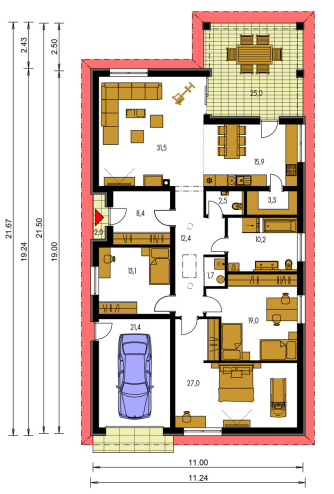 Spiegelverkehrter Entwurf | Grundriss des Erdgeschosses - BUNGALOW 180